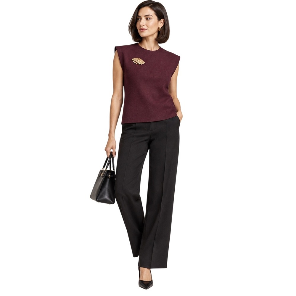 ZARA NWT Burgundy Knit Top Gold Brooch Sleeveless Structured Shoulder Size M